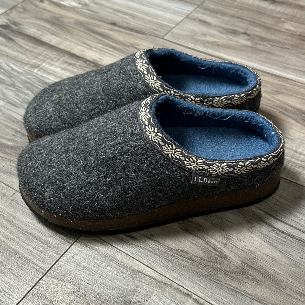 LL Bean Womens Wool Clog Slippers Gray Charcoal Nordic Trim Size 7 Medium